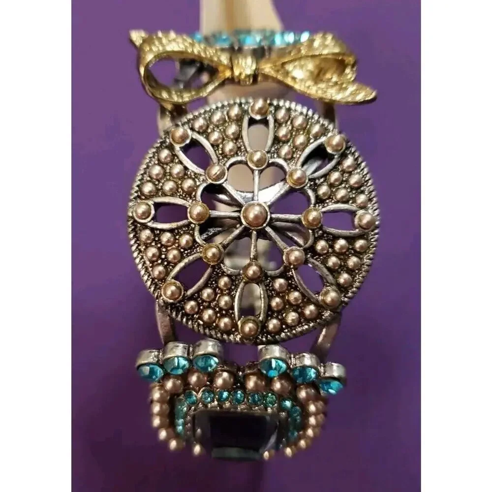 Chunky Ornate Clamper Bangle Bracelet Silver Tone Blue Rhinestones Gold Tone Bow